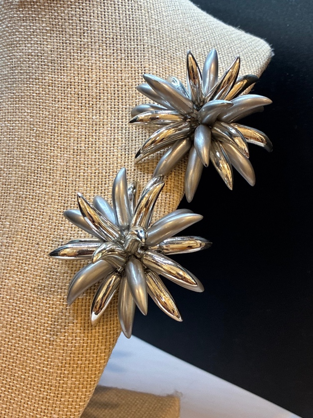 Vintage 1960’s silver Chrysanthemum spiky flower clip on earrings